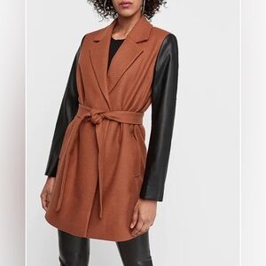 Express Vegan Leather Sleeve Wool-Blend Coat, Medium NWT